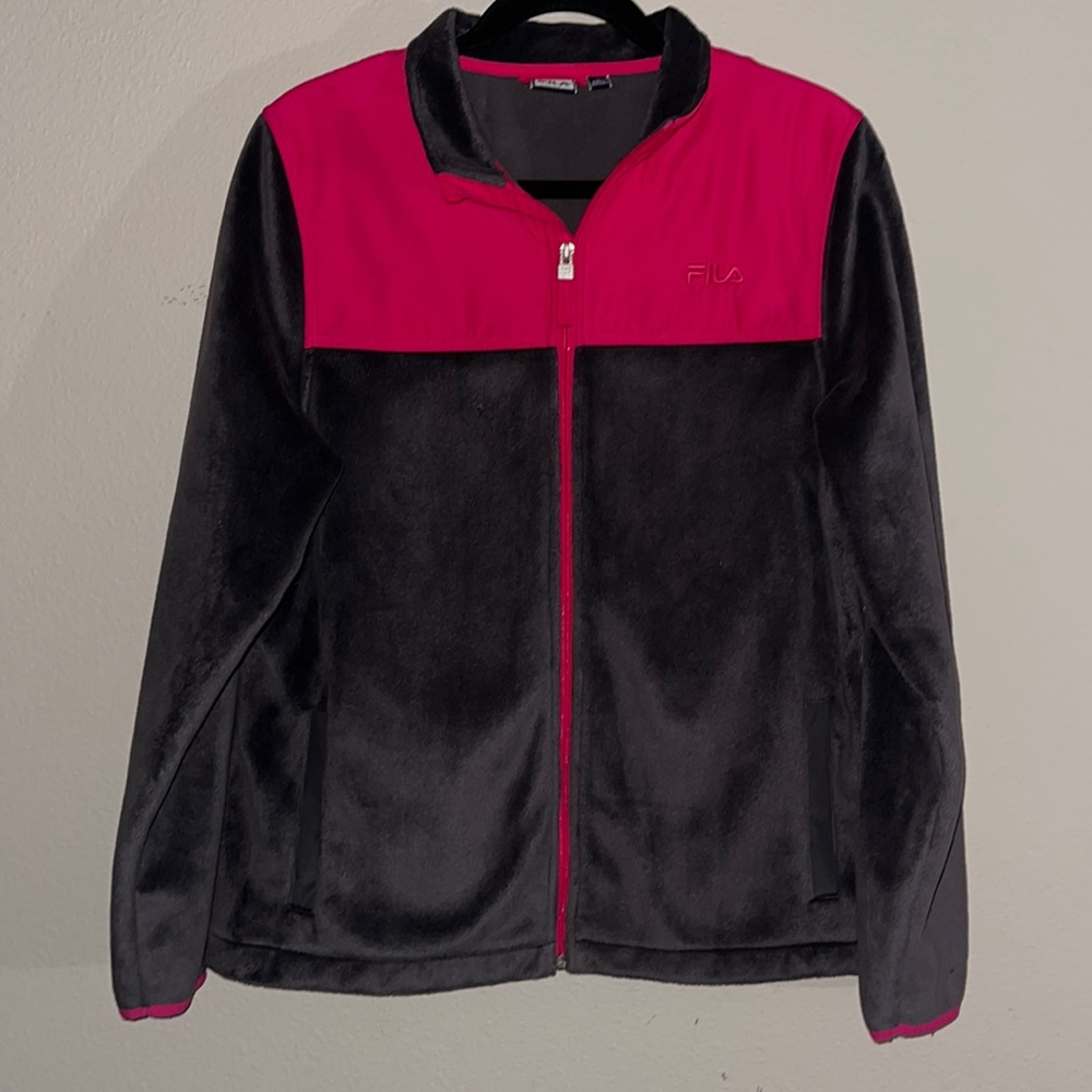 FILA Full Zip Fleece Jacket Large Gray & Pink with pockets finished cuffs.